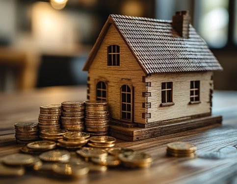 A miniature wooden house model with gold coins in front of it on a wooden table.