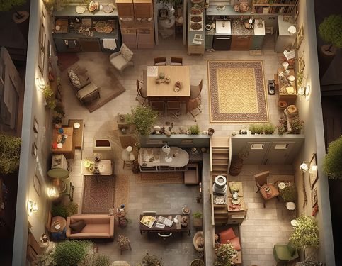 family life inside a house top view. Generative Ai